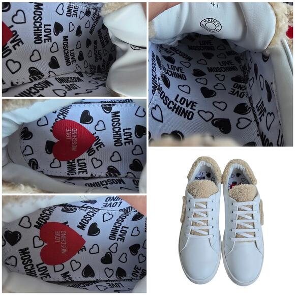 Love Moschino Sequin Heart Sneakers Size EU41 US 11 Shearling Trim White Leather - Picture 10 of 15